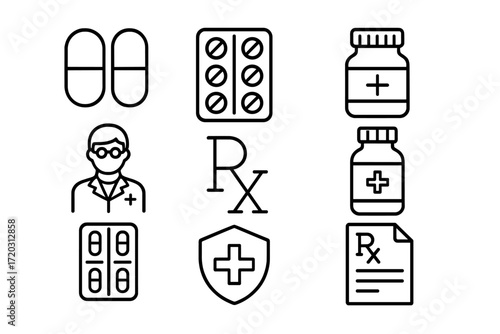Various medical symbols and icons representing pharmacy, prescription, and healthcare practices in a simple design