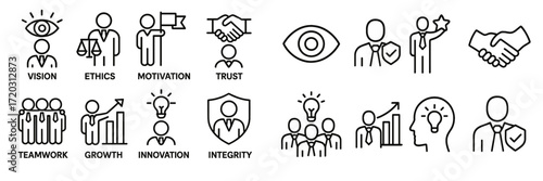 Icons representing key business values and principles for corporate ethics and teamwork