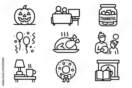 Cozy family gathering with Thanksgiving themes and Halloween decorations in a cozy living room setting