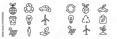 Environmental symbols for sustainability and clean energy initiatives displayed on a modern background