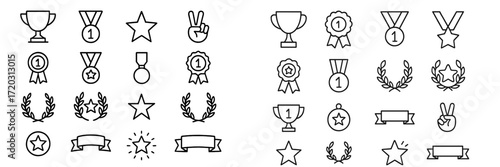 Collection of simple trophies, medals, and stars for achievement recognition in various events