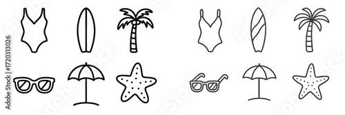 Symbols of summer fun including swimsuits, surfboards, palm trees, and beach accessories illustrate a sunny beach day