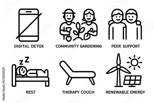 Activities promoting well-being through digital detox, gardening, peer support, rest, therapy, and renewable energy solutions