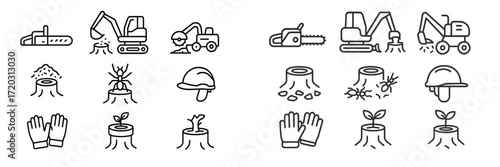 Icons representing tree removal, planting and equipment used in forestry and gardening activities
