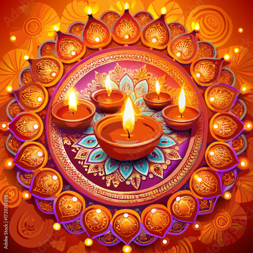 Vibrant Diwali Celebration A Mandala of Lit Diyas Illuminating a Festive Orange Backdrop	
