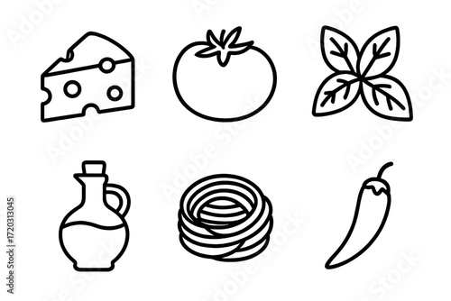 Food ingredients on a white background showcasing cheese, tomato, basil, olive oil, pasta, and chili pepper