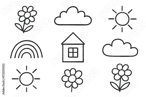 Simple line art of nature elements including flowers, clouds, sun, rainbow, and a house on a light background