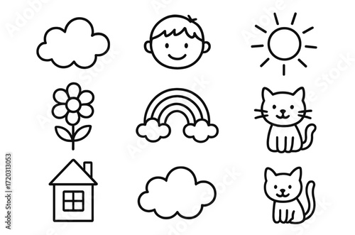 Colorful illustration depicting a sunny day with a happy child, rainbow, flowers, and playful cats