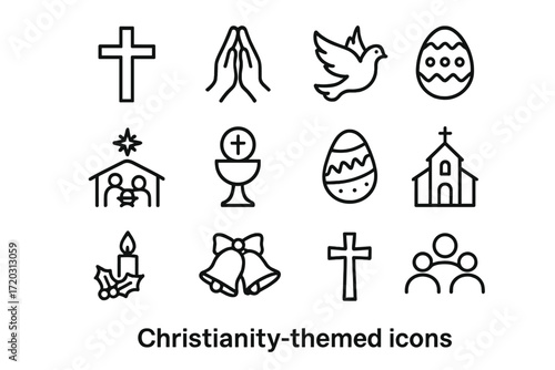 Collection of Christian-themed icons featuring symbols of faith, holidays, and worship elements