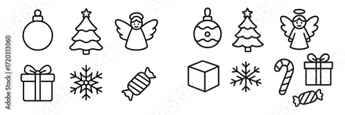 Stylized holiday icons including ornaments, trees, angels, gifts, and candies designed for festive decorations and celebrations