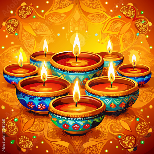Vibrant Diwali Celebration A Mandala of Lit Diyas Illuminating a Festive Orange Backdrop	

