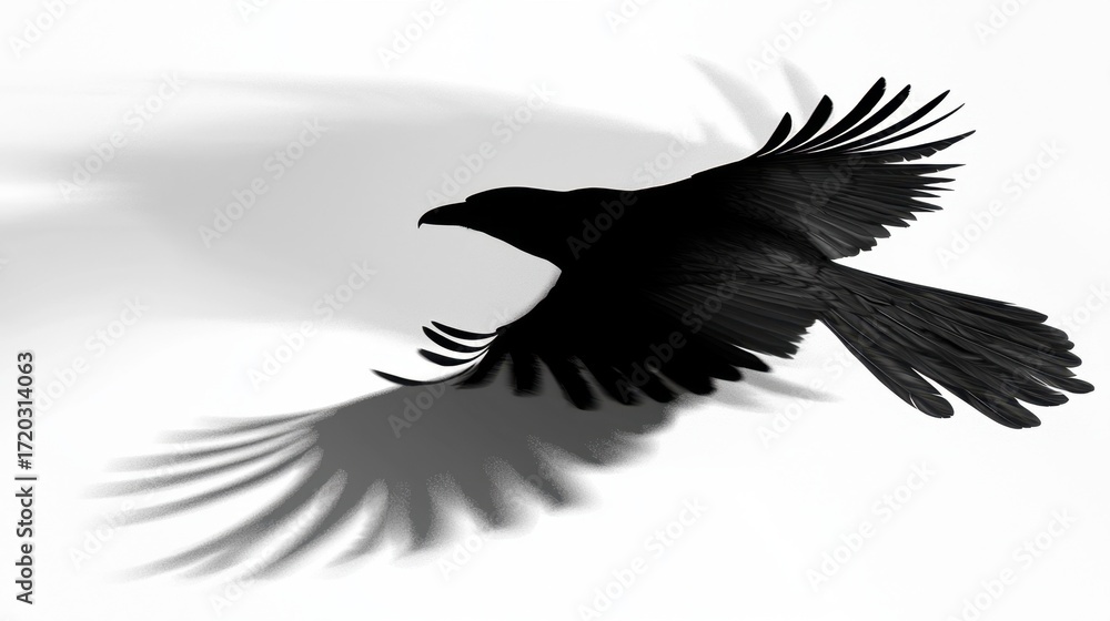 Obraz premium Dark silhouette of a bird soaring against a white background, creating a captivating visual contrast in mid-flight