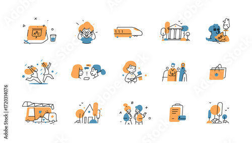 Universal icon set for everyday life and community. Includes school, children, parks, emergency services, pets, houses, transport, documents, culture, health, and communication in vector style.