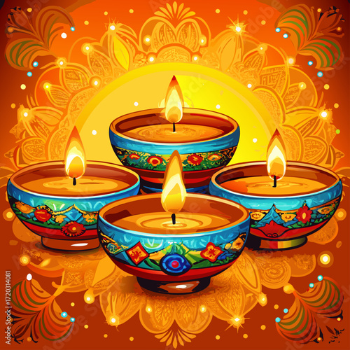 Vibrant Diwali Celebration A Mandala of Lit Diyas Illuminating a Festive Orange Backdrop	
