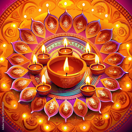 Vibrant Diwali Celebration A Mandala of Lit Diyas Illuminating a Festive Orange Backdrop	

