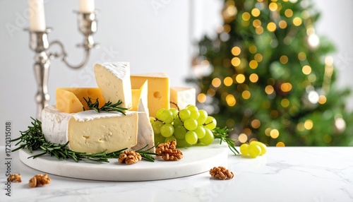 Elegant holiday cheese board with brie, gouda, and grapes