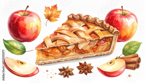 Watercolor Autumn Apple Pie Slice with Red Apples and Cinnamon
