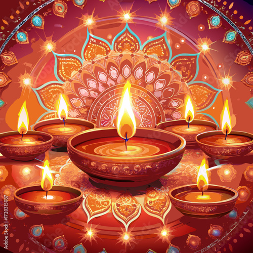 Vibrant Diwali Celebration A Mandala of Lit Diyas Illuminating a Festive Orange Backdrop	
