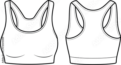 Front and back view of a white sports bra, seamless activewear top, racerback design, workout clothing, fitness apparel, gym wear, breathable fabric