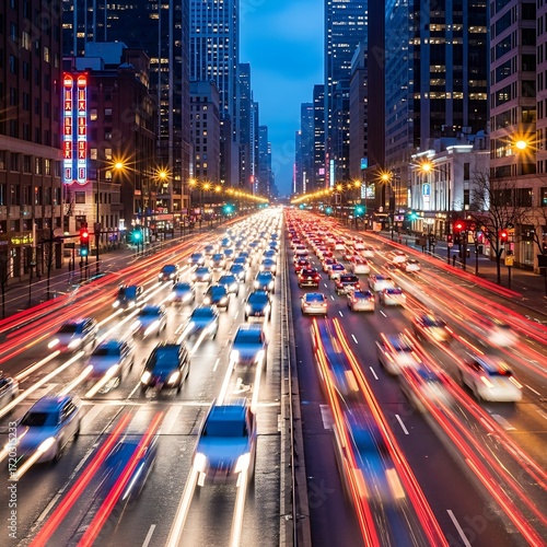 A bustling city street at night, filled with cars moving in a continuous flow, illuminated by the streaks of their headlights and taillights.