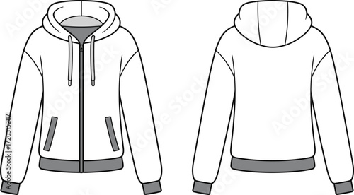Hooded sweatshirt illustration, technical fashion sketch, zip-up hoodie vector, drawstring design, front and back view reference, garment construction detail