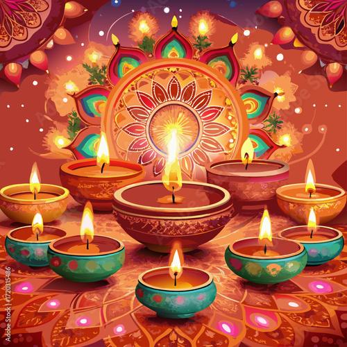 Vibrant Diwali Celebration A Mandala of Lit Diyas Illuminating a Festive Orange Backdrop	
