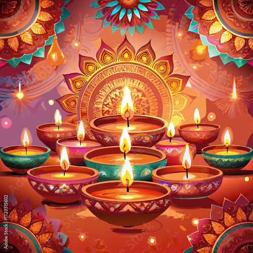 Vibrant Diwali Celebration A Mandala of Lit Diyas Illuminating a Festive Orange Backdrop	
