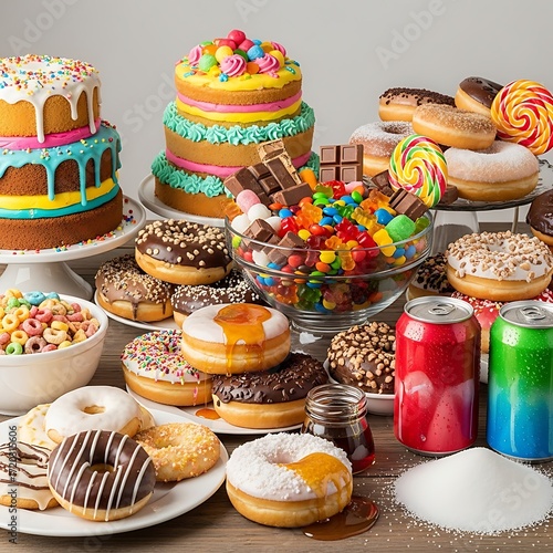 A vibrant display of sugary treats, including cakes, donuts, candies, and drinks, highlights the abundance of processed foods.