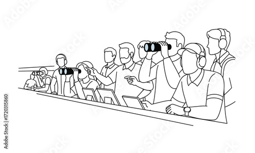 Line art illustration of a crowd watching with binoculars and headphones.