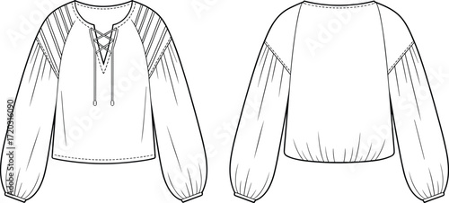 Peasant blouse illustration, technical fashion sketch, lace-up neckline vector, puff sleeve design, casual top drawing, front and back view reference