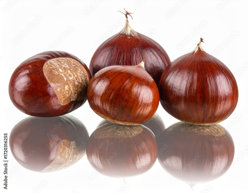 Obraz premium Pile of Four Shiny Brown Chestnuts on Reflective White Surface Close Up