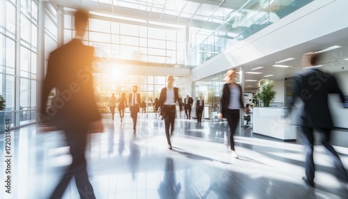 The photograph shows many business people in suits walking quickly through a bright, spacious office building with large windows.