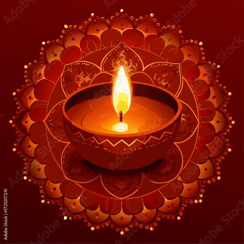 Vibrant Diwali Celebration A Mandala of Lit Diyas Illuminating a Festive Orange Backdrop