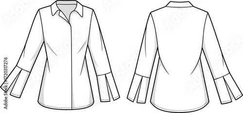 Women’s blouse illustration, technical fashion sketch, flared sleeve design, button-down shirt vector, front and back view, garment construction reference