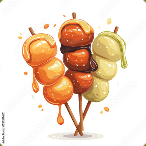 Vector illustration of colorful Japanese dango skewers with sweet sauce in flat vector style, traditional dessert snack, isolated on a white background
