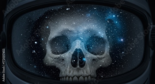 3D concept art of a skull reflected inside an astronaut helmet visor with a starry cosmos view. Ideal for sci-fi horror, dark space illustrations, and mysterious cosmic storytelling.