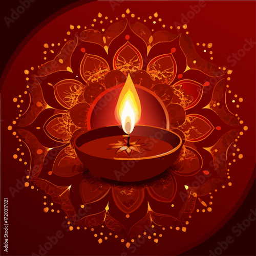 Vibrant Diwali Celebration A Mandala of Lit Diyas Illuminating a Festive Orange Backdrop