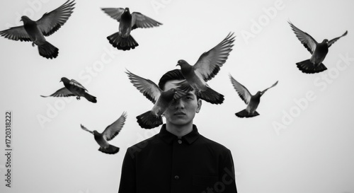 Black and white conceptual photo of a man in dark clothes standing still while several pigeons fly directly in front of his face, creating a surreal mysterious mood.