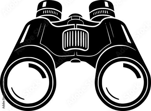 black binoculars, white background, simple, high contrast, monochrome, minimalist, clear lines, optical device, exploration, discovery, sharp focus, vector illustration