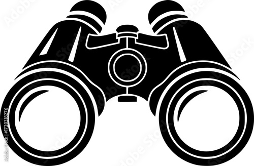 black binoculars, white background, simple, high contrast, monochrome, minimalist, clear lines, optical device, exploration, discovery, sharp focus, vector illustration