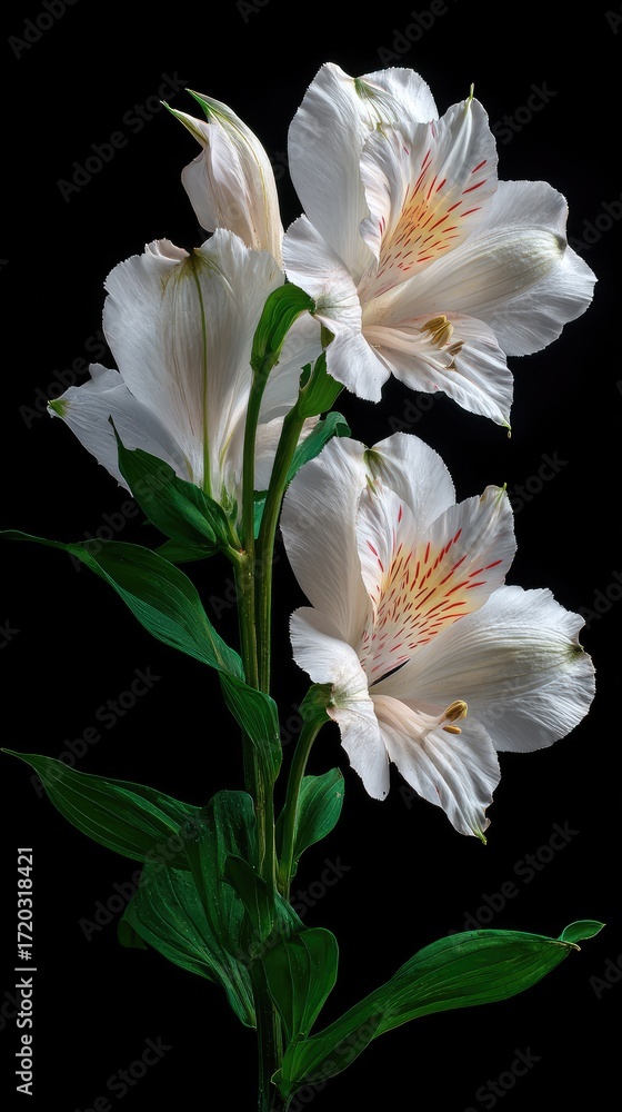 Fototapeta premium Delicate, off-white alstroemeria flowers stand out against a pure black background, showcasing intricate details and soft light.