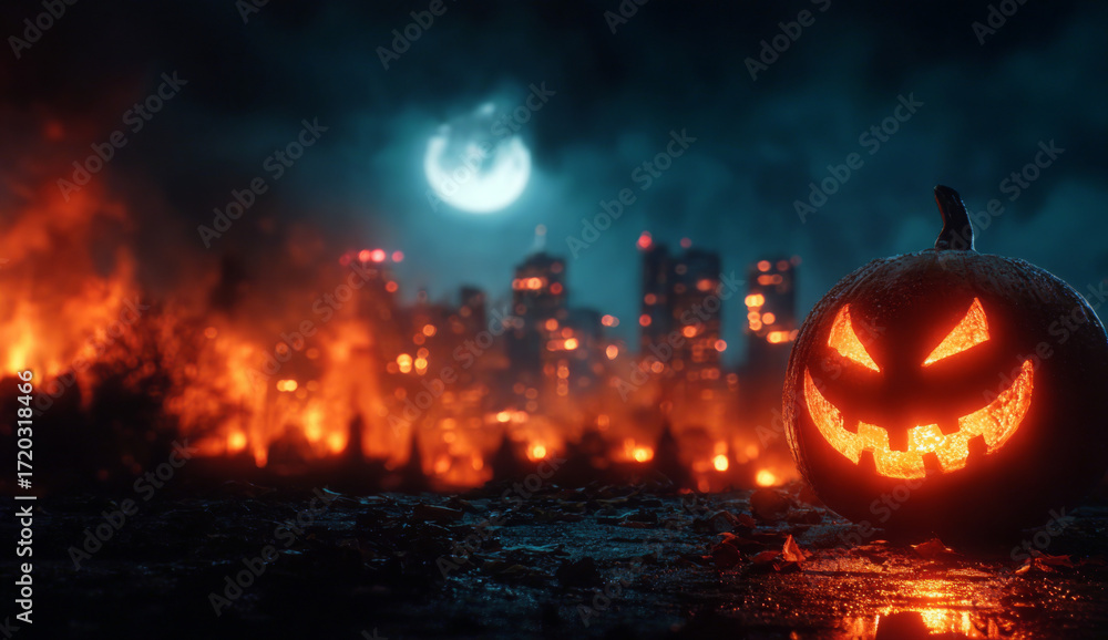 Fototapeta premium A spooky jack-o'-lantern glows ominously in the foreground, with a burning city skyline and a full moon in the dark, eerie background.