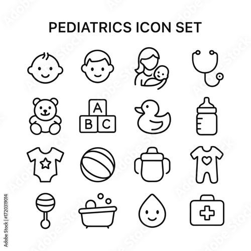 Pediatrics children medical icons vector set. Outline symbols. Line design