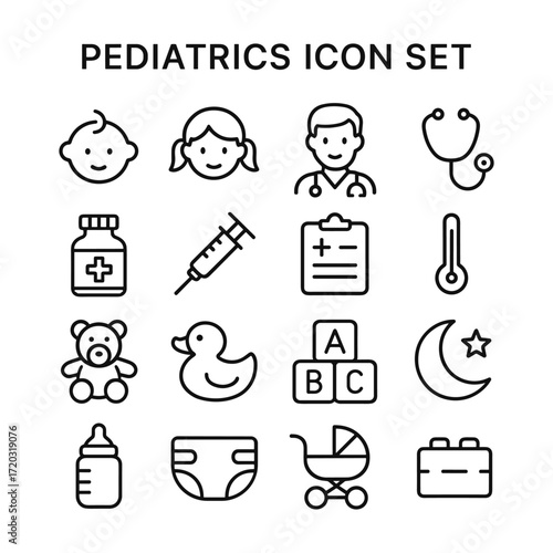Baby pediatric medical icons collection. Outline symbols. Line design