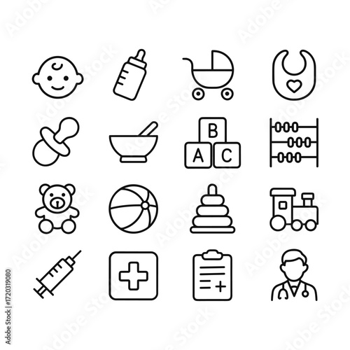 Children pediatric healthcare icons collection. Outline symbols. Line design