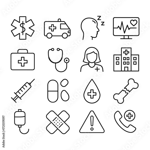 Emergency medicine icons collection. Outline symbols. Line design