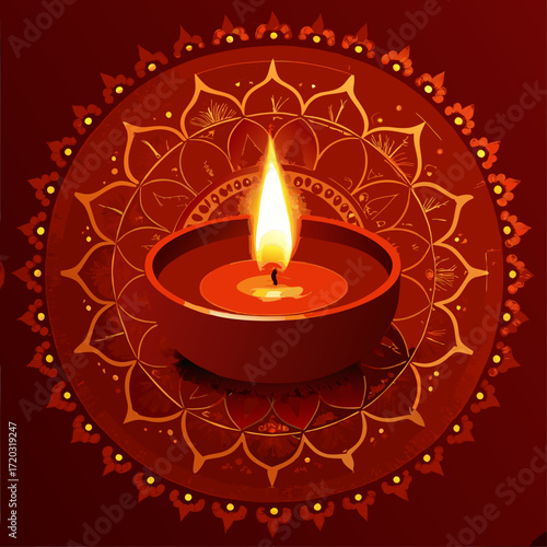 Vibrant Diwali Celebration A Mandala of Lit Diyas Illuminating a Festive Orange Backdrop