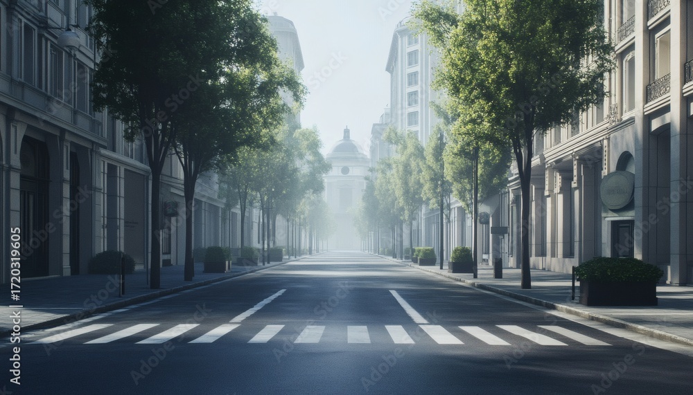 Fototapeta premium The illustration shows a long, empty street lined with tall buildings and trees, with fog in the background.