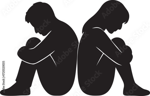 Silhouette of Depressed Man and Woman Sitting Back-to-Back with Knees Drawn to Chest in Minimalist Black and White Vector