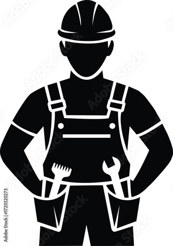 Silhouette of a construction worker wearing a hard hat and overalls holding tools